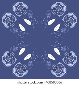 Circular pattern of floral motif, doodles, stylized rosy, leaves, spirals, branches, bud, copy space. Hand drawn.