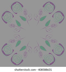 Circular pattern of floral motif, doodles, stylized rosy, leaves, spirals, branches, bud, copy space. Hand drawn.