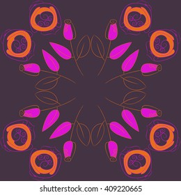  Circular pattern of floral motif, doodles, stylized rosy, leaves, spirals, spots,branches, bud, copy space. Hand drawn.