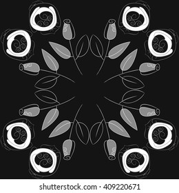  Circular pattern of floral motif, doodles, stylized rosy, leaves, spirals, spots,branches, bud, copy space. Hand drawn.