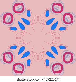  Circular pattern of floral motif, doodles, stylized rosy, leaves, spirals, spots,branches, bud, copy space. Hand drawn.