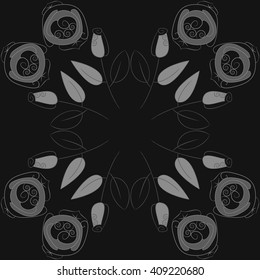 Circular pattern of floral motif, doodles, stylized rosy, leaves, spirals, spots,branches, bud, copy space. Hand drawn.