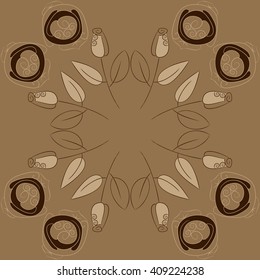  Circular pattern of floral motif, doodles, stylized rosy, leaves, spirals, spots,branches, bud, copy space. Hand drawn.