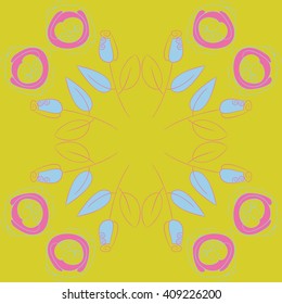 Circular pattern of floral motif, doodles, stylized rosy, leaves, spirals, spots,branches, bud, copy space. Hand drawn.