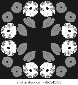Circular pattern of floral motif,  doodles, spirals, object,flowers, leaves, ellipses, hole, copy space. Hand drawn.