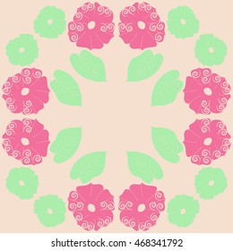 Circular pattern of floral motif,  doodles, spirals, object,flowers, leaves, ellipses, hole, copy space. Hand drawn.