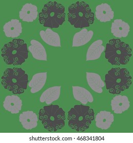 Circular pattern of floral motif,  doodles, spirals, object,flowers, leaves, ellipses, hole, copy space. Hand drawn.