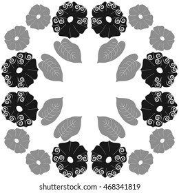 Circular pattern of floral motif,  doodles, spirals, object,flowers, leaves, ellipses, hole, copy space. Hand drawn.