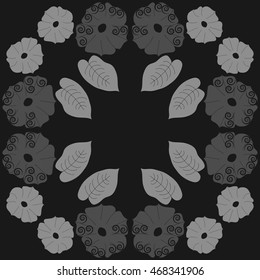 Circular pattern of floral motif,  doodles, spirals, object,flowers, leaves, ellipses, hole, copy space. Hand drawn.