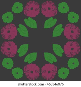 Circular pattern of floral motif,  doodles, spirals, object,flowers, leaves, ellipses, hole, copy space. Hand drawn.