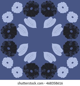 Circular pattern of floral motif,  doodles, spirals, object,flowers, leaves, ellipses, hole, copy space. Hand drawn.