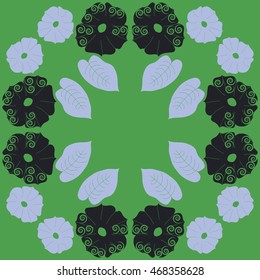 Circular pattern of floral motif,  doodles, spirals, object,flowers, leaves, ellipses, hole, copy space. Hand drawn.