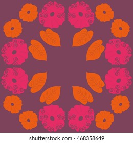 Circular pattern of floral motif,  doodles, spirals, object,flowers, leaves, ellipses, hole, copy space. Hand drawn.