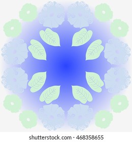 Circular pattern of floral motif,  doodles, spirals, object,flowers, leaves, ellipses, hole, copy space. Hand drawn.