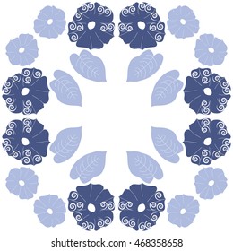 Circular pattern of floral motif,  doodles, spirals, object,flowers, leaves, ellipses, hole, copy space. Hand drawn.
