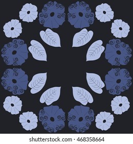 Circular pattern of floral motif,  doodles, spirals, object,flowers, leaves, ellipses, hole, copy space. Hand drawn.