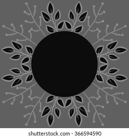 Circular pattern of floral motif, doodles,branches, leaves, ellipses,  copy space. Hand drawn.