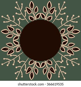 Circular pattern of floral motif, doodles,branches, leaves, ellipses,  copy space. Hand drawn.