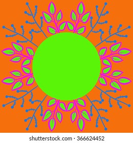 Circular pattern of floral motif, doodles,branches, leaves, ellipses,  copy space. Hand drawn.