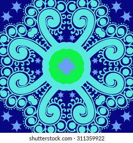 Circular   pattern of floral motif, ellipses, stars, spirals, branches. Hand drawn.