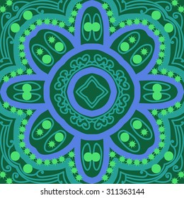 Circular   pattern of floral motif, ellipses, stars, spirals,stylized flower. Hand drawn.