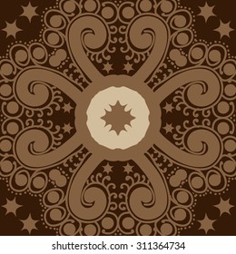 Circular   pattern of floral motif, ellipses, stars, spirals, branches. Hand drawn.
