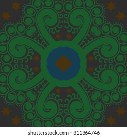 Circular   pattern of floral motif, ellipses, stars, spirals, branches. Hand drawn.
