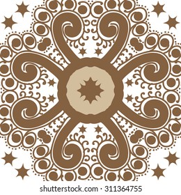 Circular   pattern of floral motif, ellipses, stars, spirals, branches. Hand drawn.