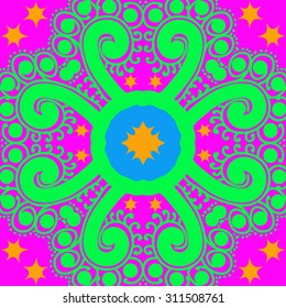 Circular   pattern of floral motif, ellipses, stars, spirals, branches. Hand drawn.