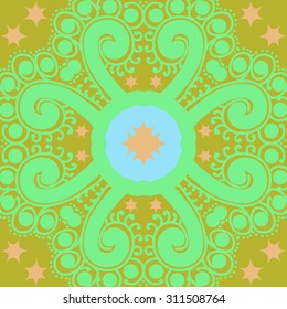 Circular   pattern of floral motif, ellipses, stars, spirals, branches. Hand drawn.
