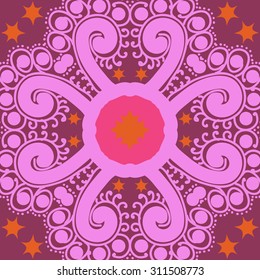 Circular   pattern of floral motif, ellipses, stars, spirals, branches. Hand drawn.