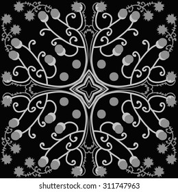 Circular   pattern of floral motif, ellipses, spirals,branches, stars. Hand drawn.