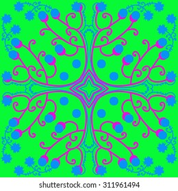 Circular   pattern of floral motif, ellipses, spirals,branches, stars. Hand drawn.