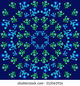 Circular pattern of floral motif, ellipses, branches, leaves, flowers, doodles. Hand drawn.