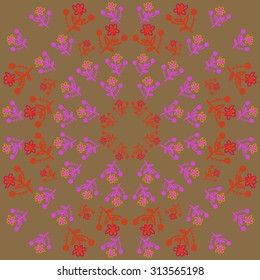 Circular   pattern of floral motif, ellipses, branches, leaves, flowers, doodles . Hand drawn.