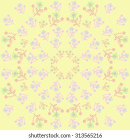 Circular   pattern of floral motif, ellipses, branches, leaves, flowers, doodles . Hand drawn.