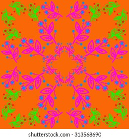 Circular   pattern of floral motif, ellipses, branches, leaves, doodles . Hand drawn.