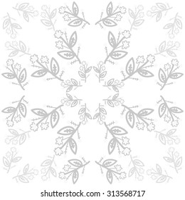 Circular pattern of floral motif, ellipses, branches, leaves, doodles . Hand drawn.