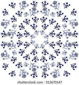 Circular   pattern of floral motif, ellipses, branches, leaves, flowers, doodles . Hand drawn.