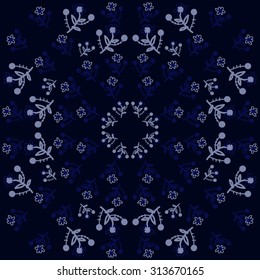 Circular pattern of floral motif, ellipses, branches, leaves, flowers, doodles . Hand drawn.