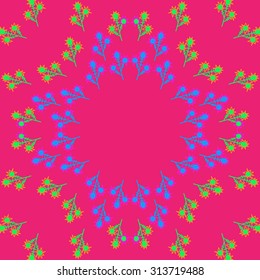 Circular   pattern of floral motif, ellipses, branches, zigzag, doodles, copy space. Hand drawn.