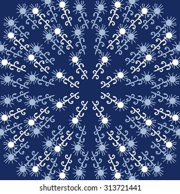 Circular   pattern of floral motif, ellipses, branches, spirals, doodles . Hand drawn.
