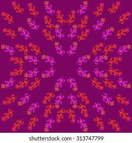 Circular   pattern of floral motif, ellipses, branches, spirals, doodles . Hand drawn.