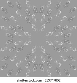 Circular   pattern of floral motif, ellipses, branches, spirals, doodles . Hand drawn.