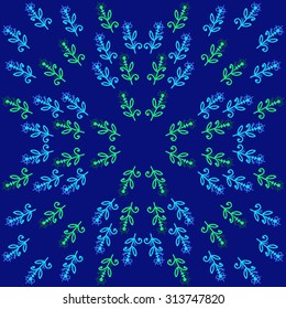 Circular pattern of floral motif, ellipses, branches, spirals, doodles . Hand drawn.