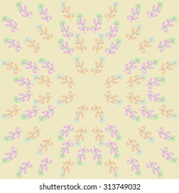 Circular   pattern of floral motif, ellipses, branches, spirals, doodles. Hand drawn.
