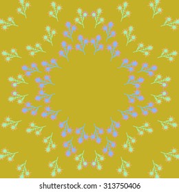 Circular   pattern of floral motif, ellipses, branches, zigzag, doodles, copy space. Hand drawn.
