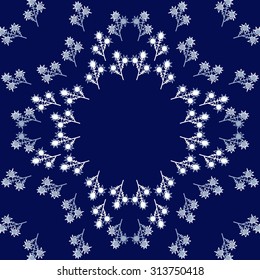 Circular   pattern of floral motif, ellipses, branches, zigzag, doodles, copy space. Hand drawn.