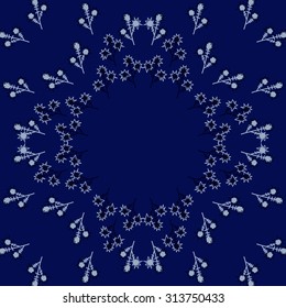 Circular   pattern of floral motif, ellipses, branches, zigzag, doodles, copy space. Hand drawn.
