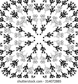 Circular   pattern of floral motif, ellipses, branches,bagels, doodles, leaves . Hand drawn.
